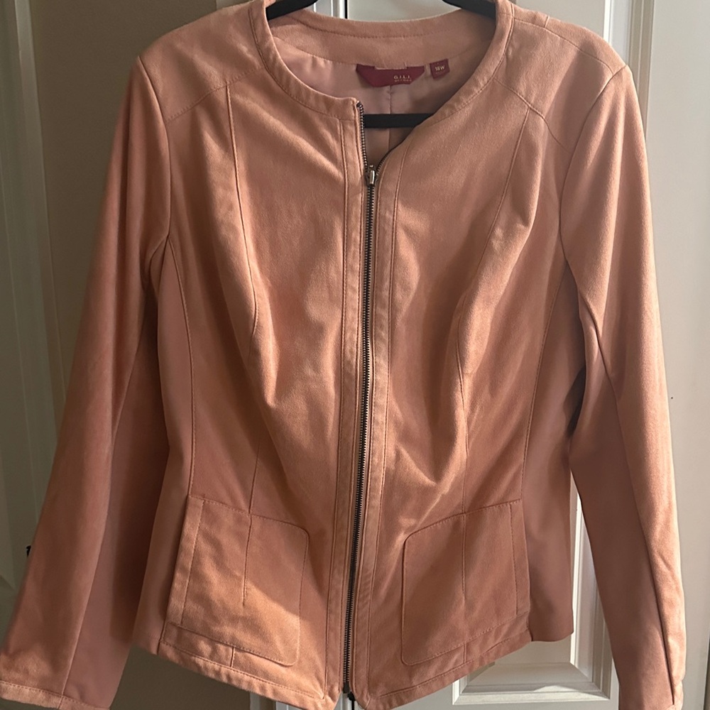 GILI Faux Leather Zip Front Jacket - Blush Peach. Stretch Sides/Underarms